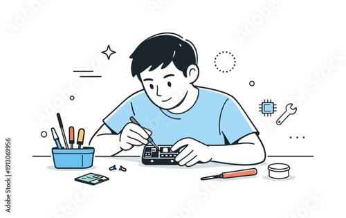 Minimalist Device Repair Scene. Electronics repair. A person carefully fixing a small device with basic tools, focused and patient action. Clean editorial