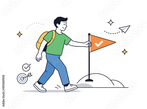    Achieving goals calmly. A character reaching a finished task marker or flag, symbolizing progress without stress. Positive focus, minimal
