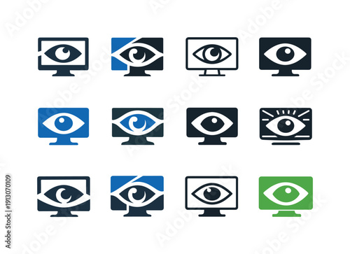 Accessible UX/UI. Icon set. Set Logo of Accessible UX/UI: eye and screen. harmonious logo variations of the same emblematic concept, each