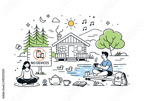 Serene Nature Retreat. Nature-based retreat. A small cabin surrounded by trees with a sign indicating no devices. Calm getaway scene emphasizing balance and