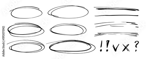 Hand drawn black ink circles, ovals, lines and symbols. Brush pen strokes isolated on white background. Abstract sketch elements for highlights, frames, marks and modern graphic design.