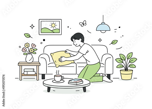 Spring interior decor. A person placing a light throw or cushion in a spring-themed living space, showing mindful preparation and softness in