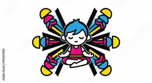 Cute cartoon character meditating peacefully in a lotus position, surrounded by vibrant abstract graphic elements. Symbolizing mindfulness, inner peace, and spiritual well-being.