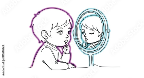 Continuous line drawing of a thoughtful young boy looking at his reflection in a mirror, contemplating his identity and self-image during childhood.