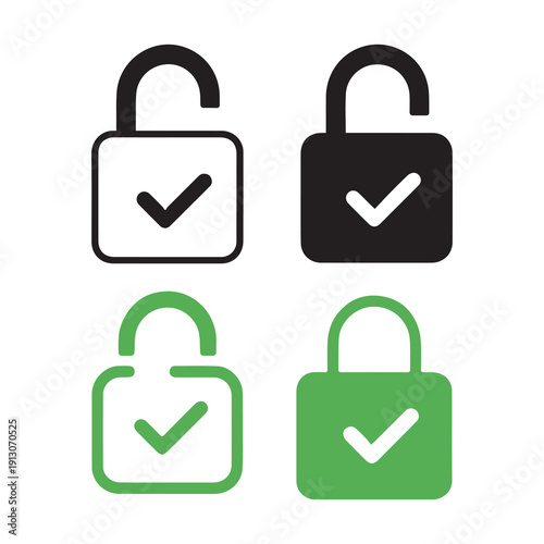 Four unlocked padlock icons in black and green with checkmarks for security