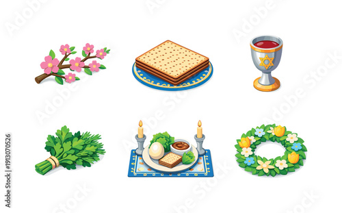    Jewish spring. Isometric flat vector icons set of jewish spring: blooming branch with flowers, decorative matzah, spring wine cup, fresh