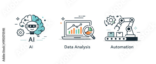   Future skills icons technology. Icons illustrating AI, data analysis, and automation using simple devices and symbols. Calm, professional
