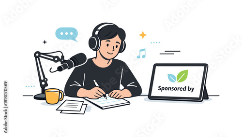Sponsored podcast episode. A person recording at a desk with headphones and notes, while a simple sponsor logo appears on a tablet screen.