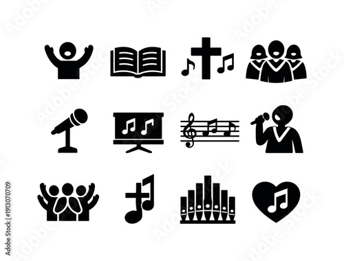 Worship Singing Icons. Worship Singing. Solid icon set of Worship Singing: person singing with hands raised, open hymn book, cross with music notes, church