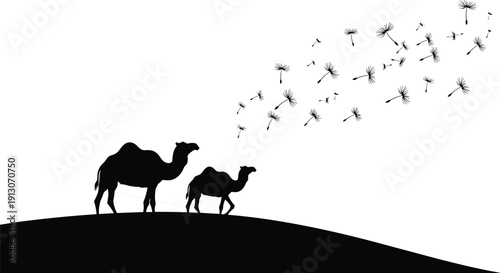Camel silhouette composition with adult and young camel on desert dune and floating dandelion seeds isolated on white background, minimalist landscape vector illustration