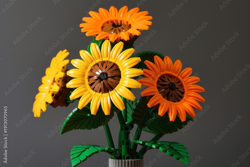 Fototapeta premium 200 bricks forming yellow and orange sunflowers in a vase with green leaves in style