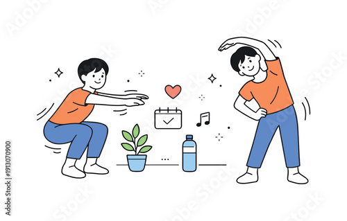 Daily exercise for well-being. A person performs light home workouts like squats or stretching, moving at an easy pace.