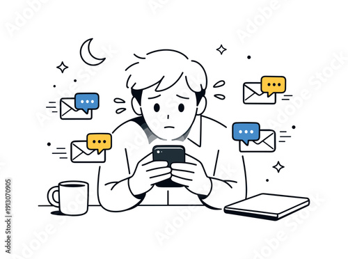 After-Hours Email Stress. Night emails stress. Employee with a phone lighting up their face, message icons still appearing. Pressure to respond after hours,