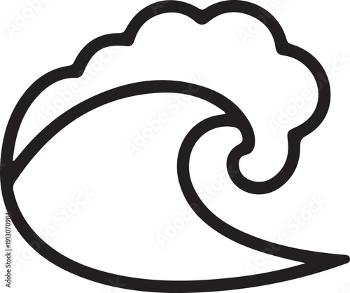Ocean Wave Curl Outline Icon, Minimal black line icon of curling ocean wave symbolizing sea power, surfing culture, water motion, and coastal nature concept