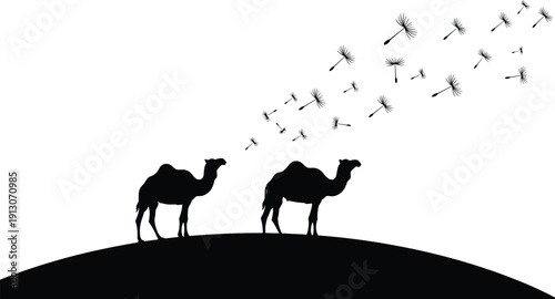 Camel silhouette scene with two camels on desert dune and drifting dandelion seeds isolated on white background, minimalist arid landscape vector illustration