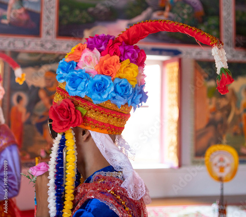 The colourful hat with flowers for the new monks,wearing during ordination procession in the temple at Sukhothai province.