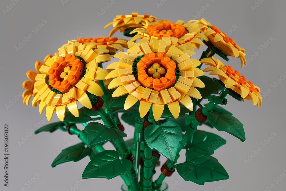 Fototapeta premium 200 bricks forming yellow and orange sunflowers in a vase with green leaves in style