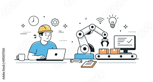 Human vs automation tension. An editorial illustration showing a worker and a robotic system sharing the same workspace. The scene