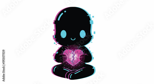 Cute black character meditating with a glowing broken heart, glitch effect, digital art
