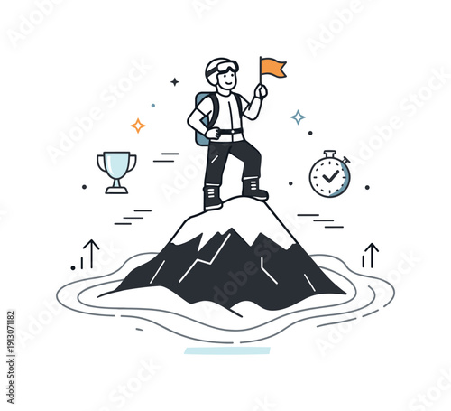 Breaking records in extreme sports. Athlete standing on a peak holding a small flag, symbolizing a new achievement record. Calm sense of