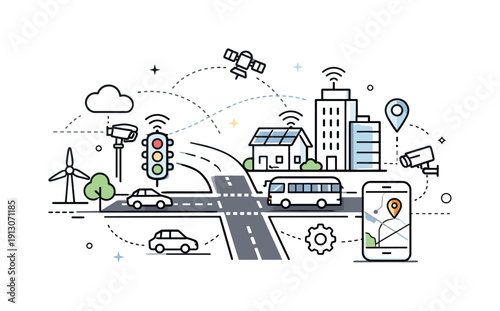 Traffic management infrastructure smart city. Connected roads, traffic lights, and buildings linked by subtle signal lines. The scene