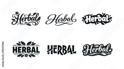 Herbal logo typography. Set lettering. harmonious lettering variations of the same emblematic concept, each with different artistic