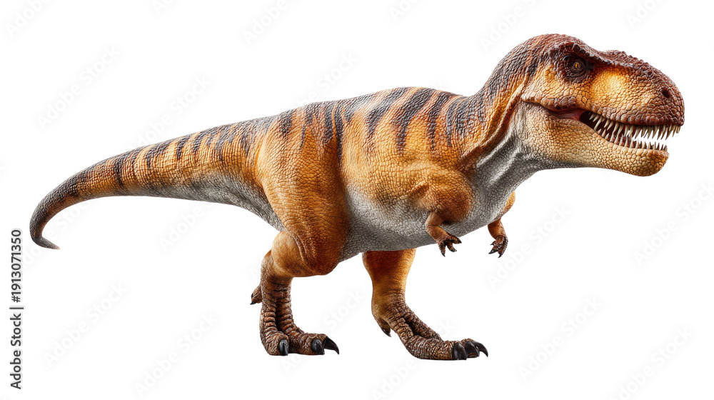 Naklejka premium Tyrannosaurus Rex on the Prowl: A majestic Tyrannosaurus Rex, rendered in vivid detail, strides confidently, embodying the raw power and ancient dominance of the prehistoric era.