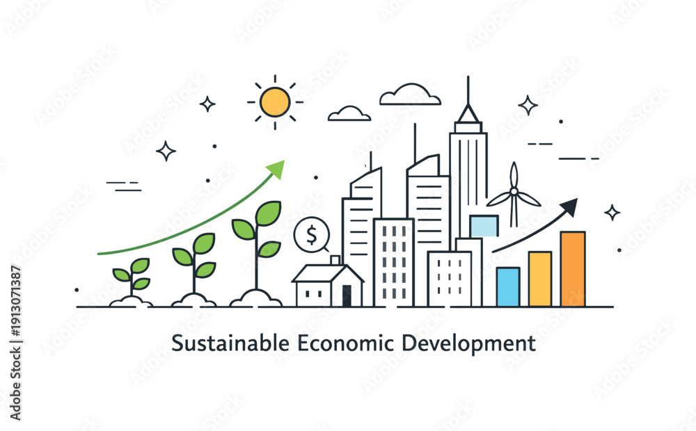 Obraz premium Sustainable economic development. A city skyline growing upward alongside plants and simple graphs, symbolizing balanced progress and
