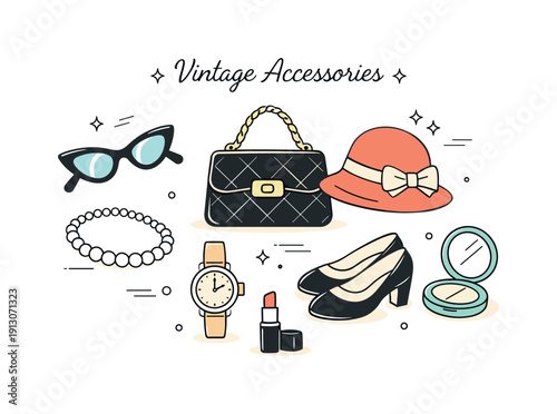 Vintage accessories comeback. Clean editorial scene showing retro accessories like sunglasses, handbags, or hats arranged neatly, expressing