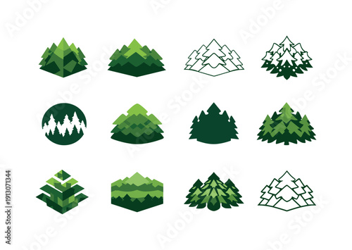 Forest canopy. Icon set. Set Logo of Forest canopy: layered forest treetop pattern. harmonious logo variations of the same emblematic