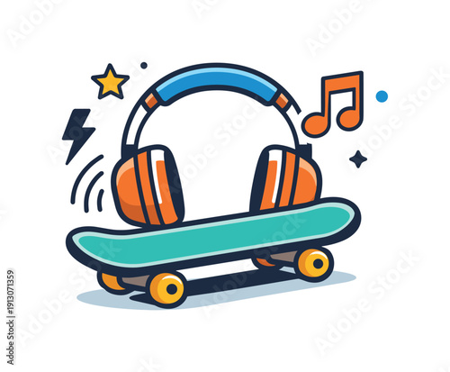 Street-Style Music Vibes. Music culture and youth movements illustrated as a street-style moment with headphones, a skateboard and music notes forming a