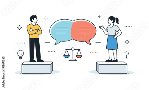 Structured debate. Two opposing viewpoints represented by characters standing on equal platforms, connected by a central speech bubble. The