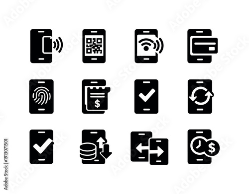   Mobile Payments. Filled icon set of Mobile Payments: smartphone tap, QR scan, NFC phone,