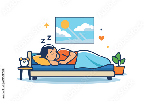 Taking a nap on a lazy afternoon represented by a person lying on a bed with gentle light patterns and slow-moving clouds outside the window.