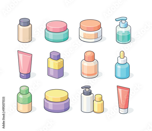 Minimal Beauty Design. Colorful isometric vector icons set of minimal beauty design: neutral cosmetic bottle, pastel cream jar, simple label