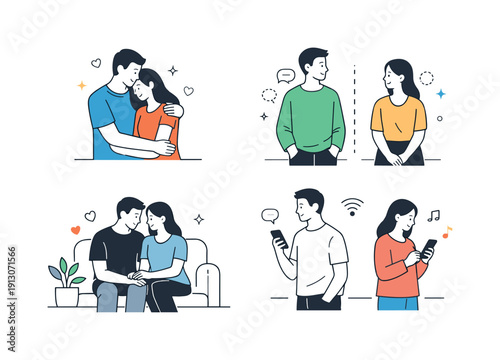 Public and private expressions of love. Couples shown with varying levels of physical distance, calm and neutral. The illustration highlights