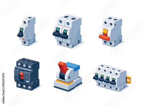Circuit breaker. Isometric flat vector icons set of circuit breaker: single pole circuit breaker, double pole circuit breaker, miniature