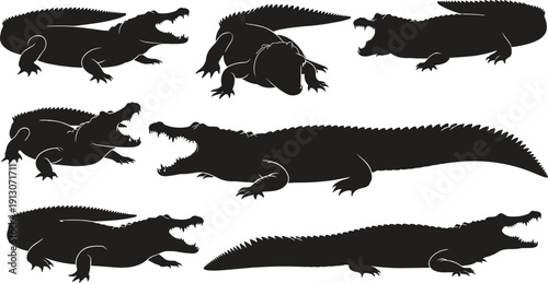 Crocodile silhouette collection in various poses isolated on white background, wild alligator reptile set with open mouth and side view for logo, tattoo, and design