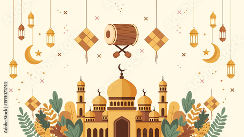 Beautiful Mosque with Crescent Moons and Lanterns for Islamic Celebration.