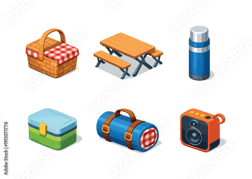 Colorful Picnic Icons. Picnic equipment. Isometric flat vector icons set of picnic equipment: picnic basket, folding picnic table, thermos flask, reusable food