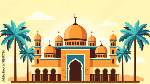 Beautifully Designed Islamic Mosque with Golden Domes and Minarets.