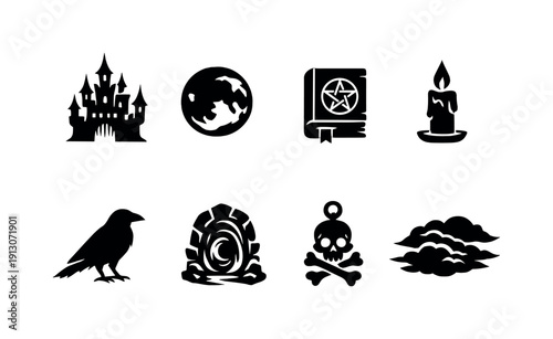   Dark magical Halloween realm. Filled icon set of Dark magical Halloween realm: haunted