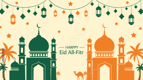 Happy Eid Al-Fitr celebration with mosques and lanterns.