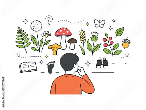 Wild plants awareness. A person looking at illustrated plant shapes and mushrooms, suggesting learning and identification without