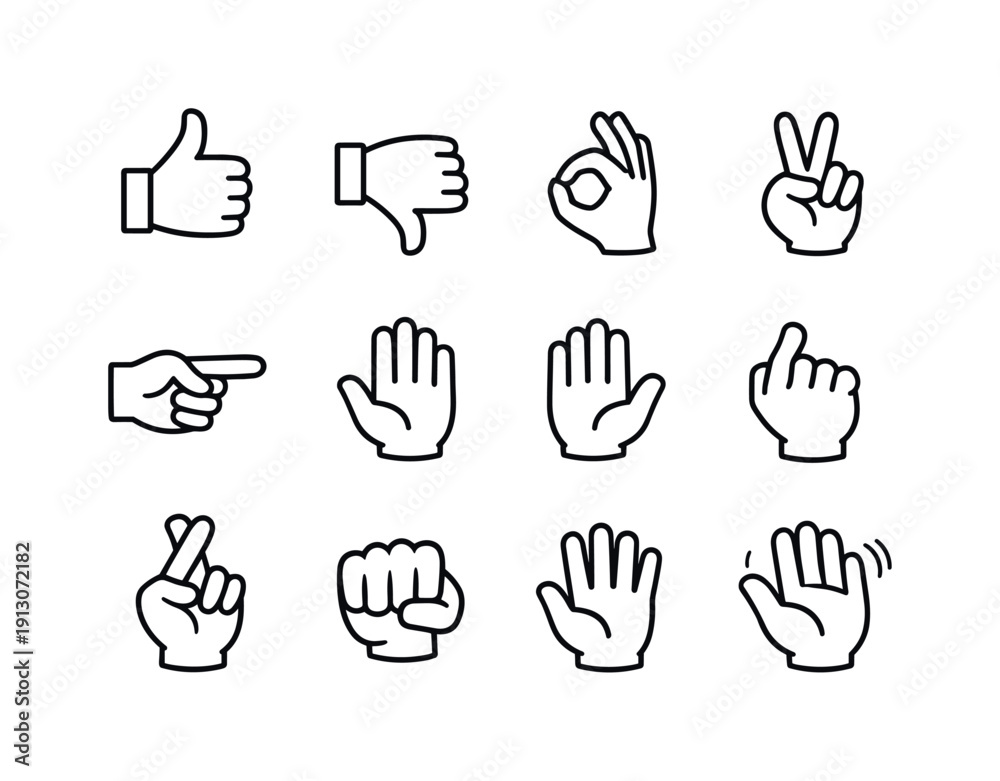 Fototapeta premium Hand gestures meaning. Line outline icon set of hand gestures meaning: thumbs up, thumbs