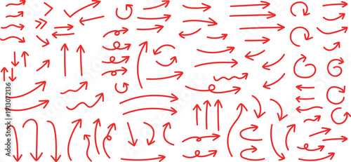 矢印　手書き　イラスト素材セット　赤色　チェックや強調に使えるペンの線画