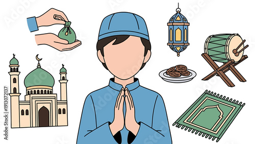 Muslim boy praying with mosque, dates, lantern, drum, prayer rug, and zakat elements.