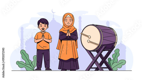 Muslim Boy and Girl with Traditional Drum Celebrating Eid Mubarak.