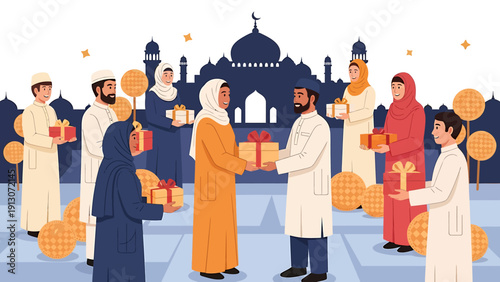 Muslim community exchanging gifts during Eid celebration.