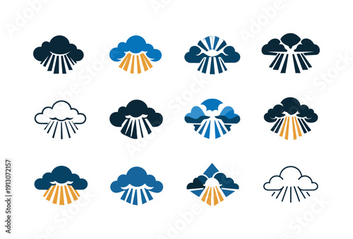 Light through clouds. Icon set. Set Logo of Light through clouds: heavenly light beams. harmonious logo variations of the same emblematic